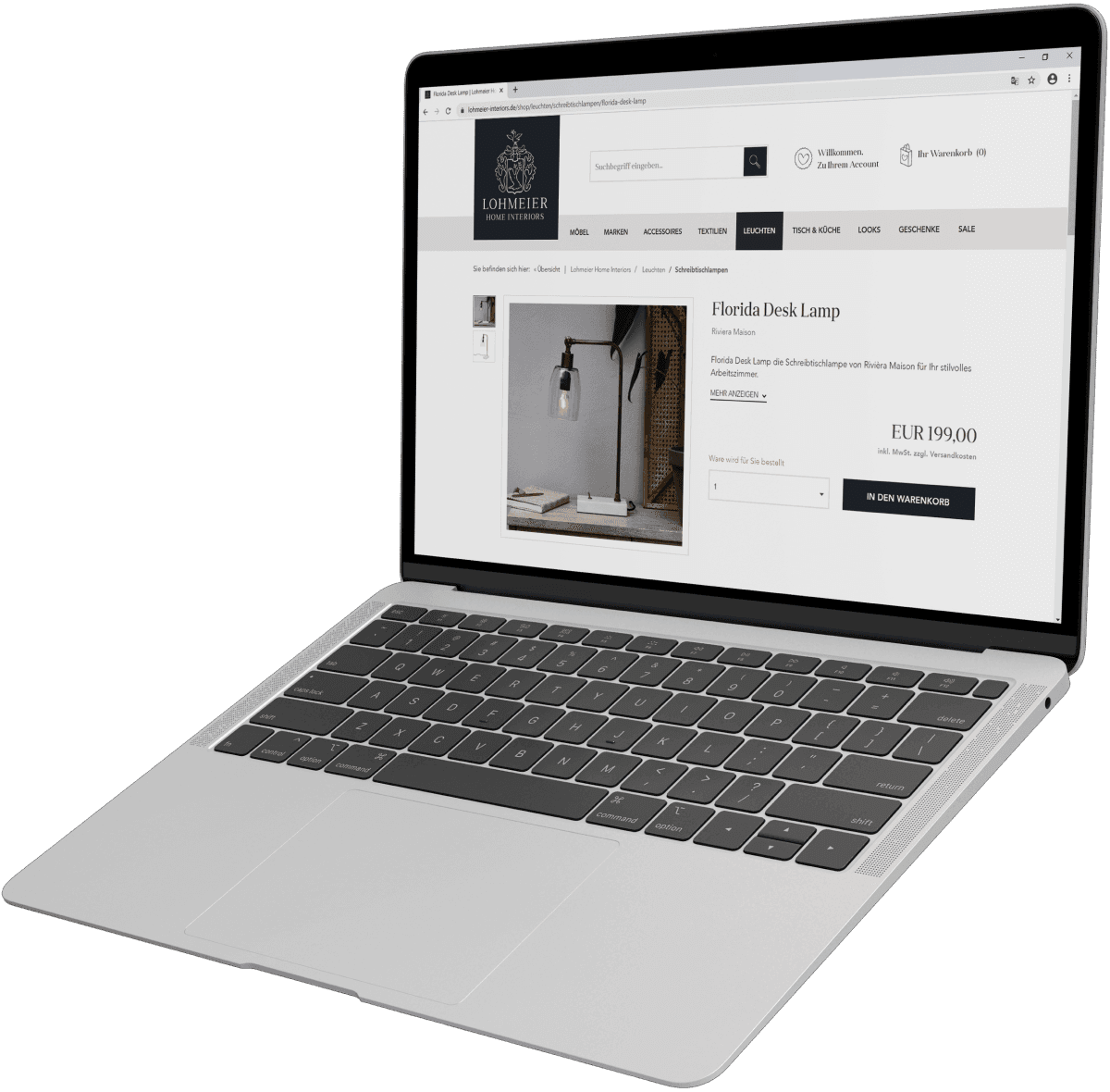 Für das Unternehmen Lohmeier Home Interiors erstellter Onlineshop, Beispiel Desktop-Ansicht