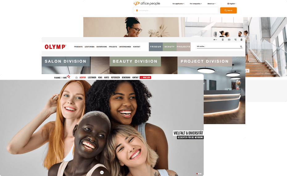 Corporate Website Entwicklung durch professionelle Lösungen für FAMEONME, OLYMP, Office People Personalmanagement